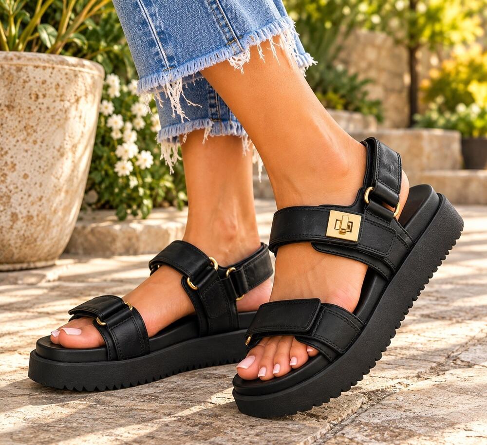 12thompson SMMONA Black Platform Sport Sandals Women’s 10M Gold Hardware NWOB